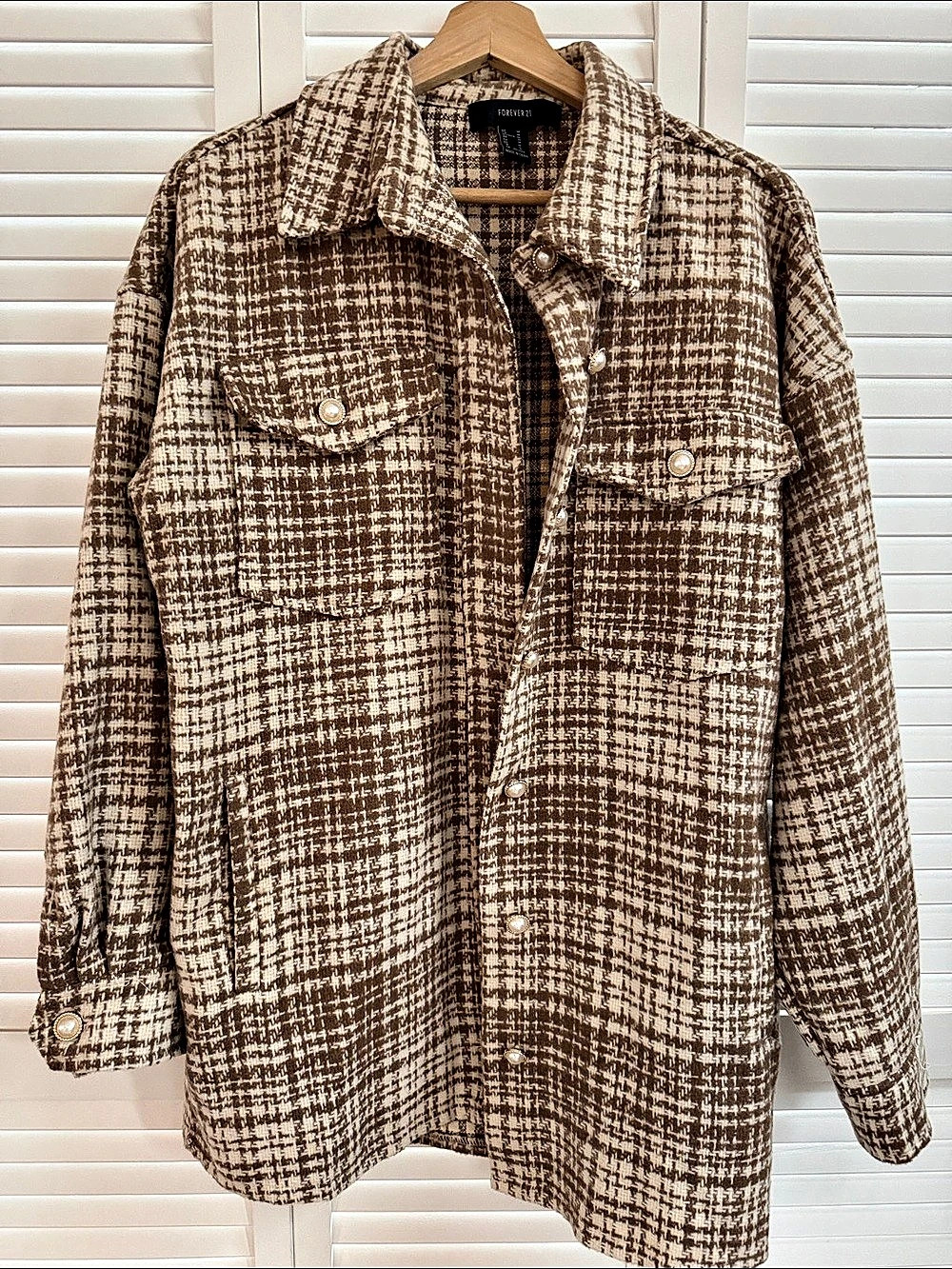Forever 21 Brown Plaid Pearl Button Shacket Brown & Cream Medium with pearl butt